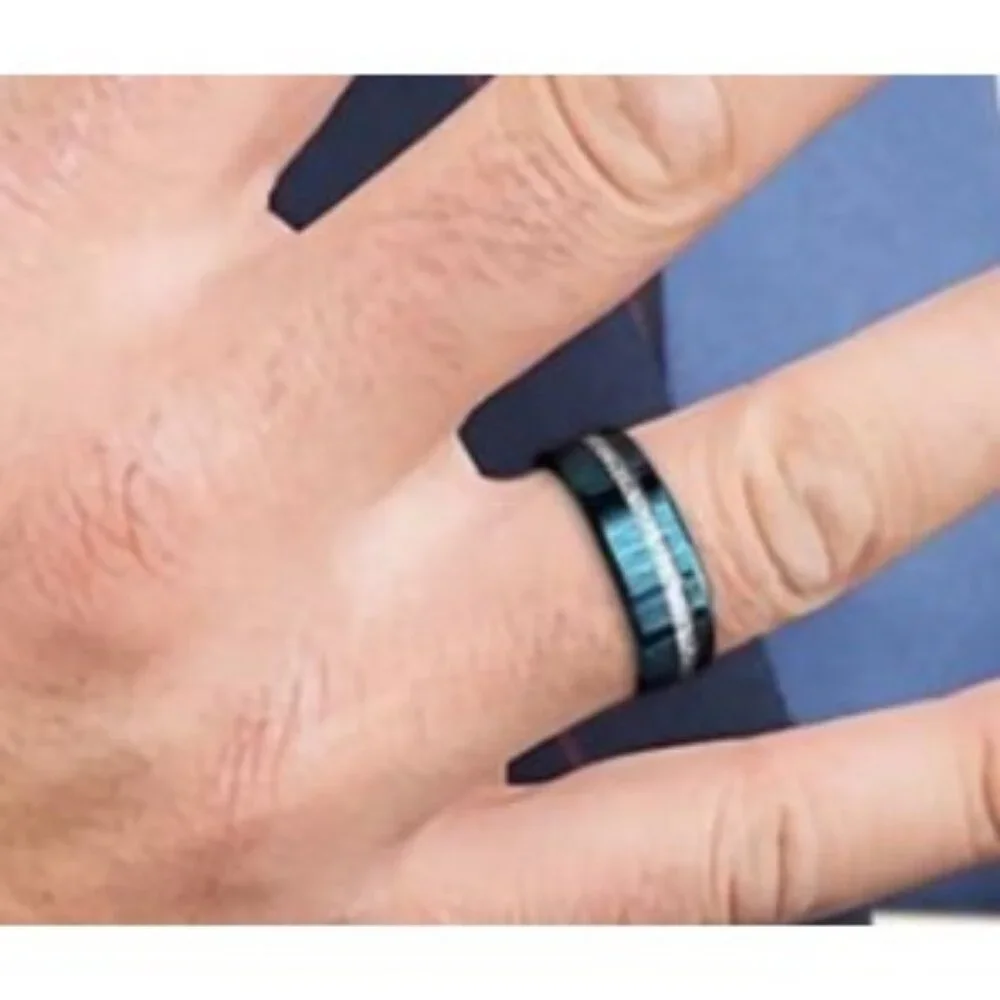 High Polished Blue Tungsten Carbide 8MM with simulated Silver Meteorite Inlay